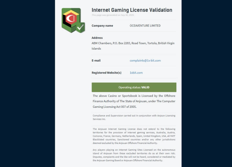 1xBitカジノ｜ライセンス